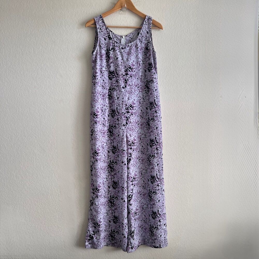 AMERICAN VTG 90s Black Lavender Floral Handmade Wide Leg Jumpsuit Womens XS-S